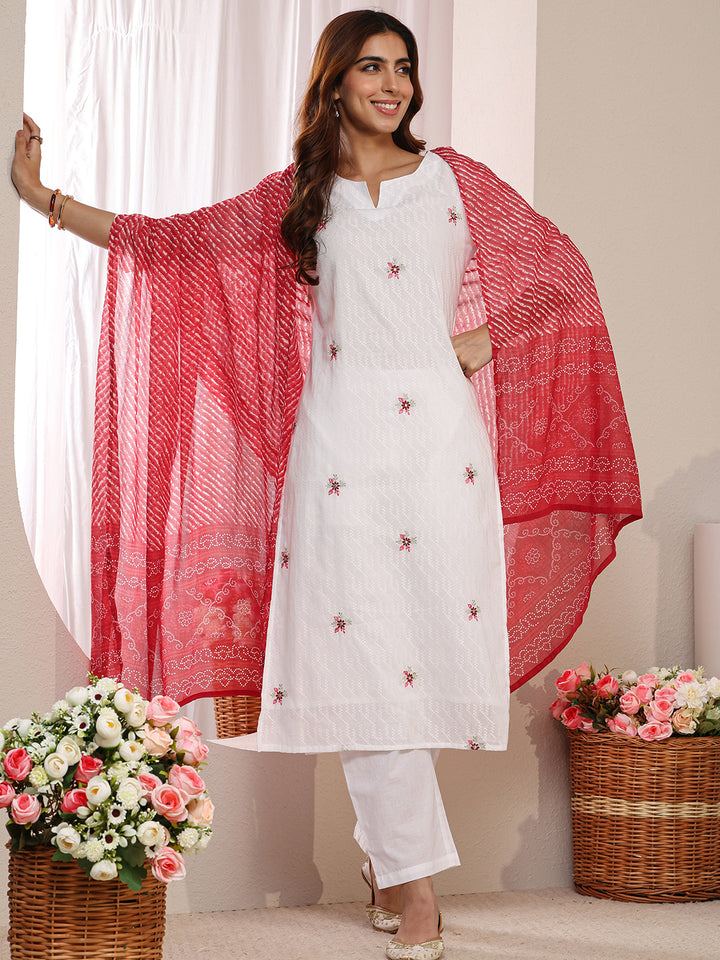White Floral Woven Design Cotton Blend Straight Suit Set With Dupatta