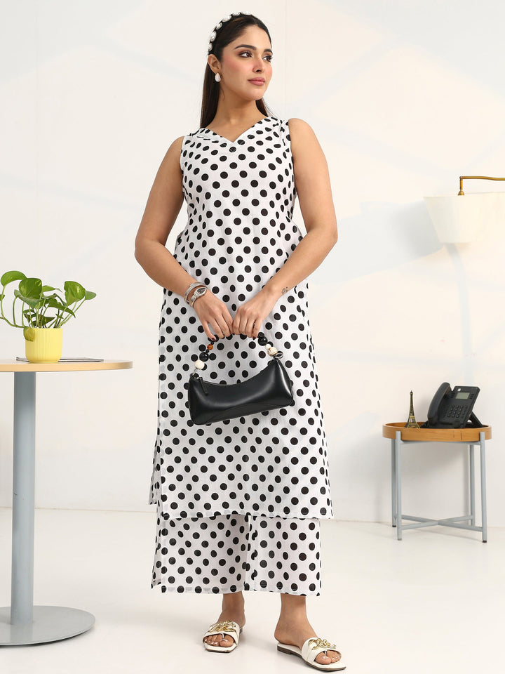 White Geometric Printed Cotton Blend Straight Kurta Set