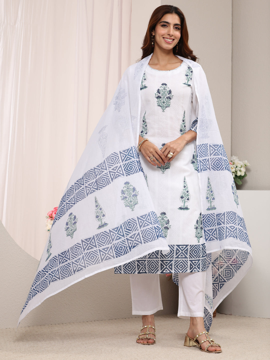 White Multi Printed Cotton Straight Suit Set With Dupatta