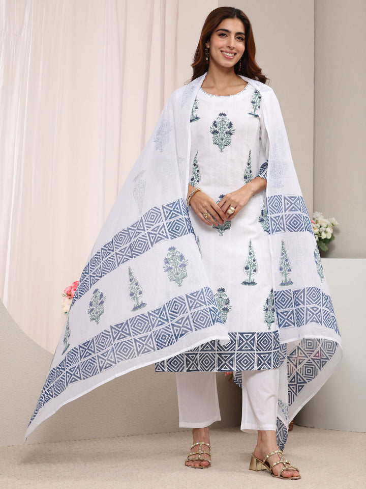White Multi Printed Cotton Straight Suit Set With Dupatta