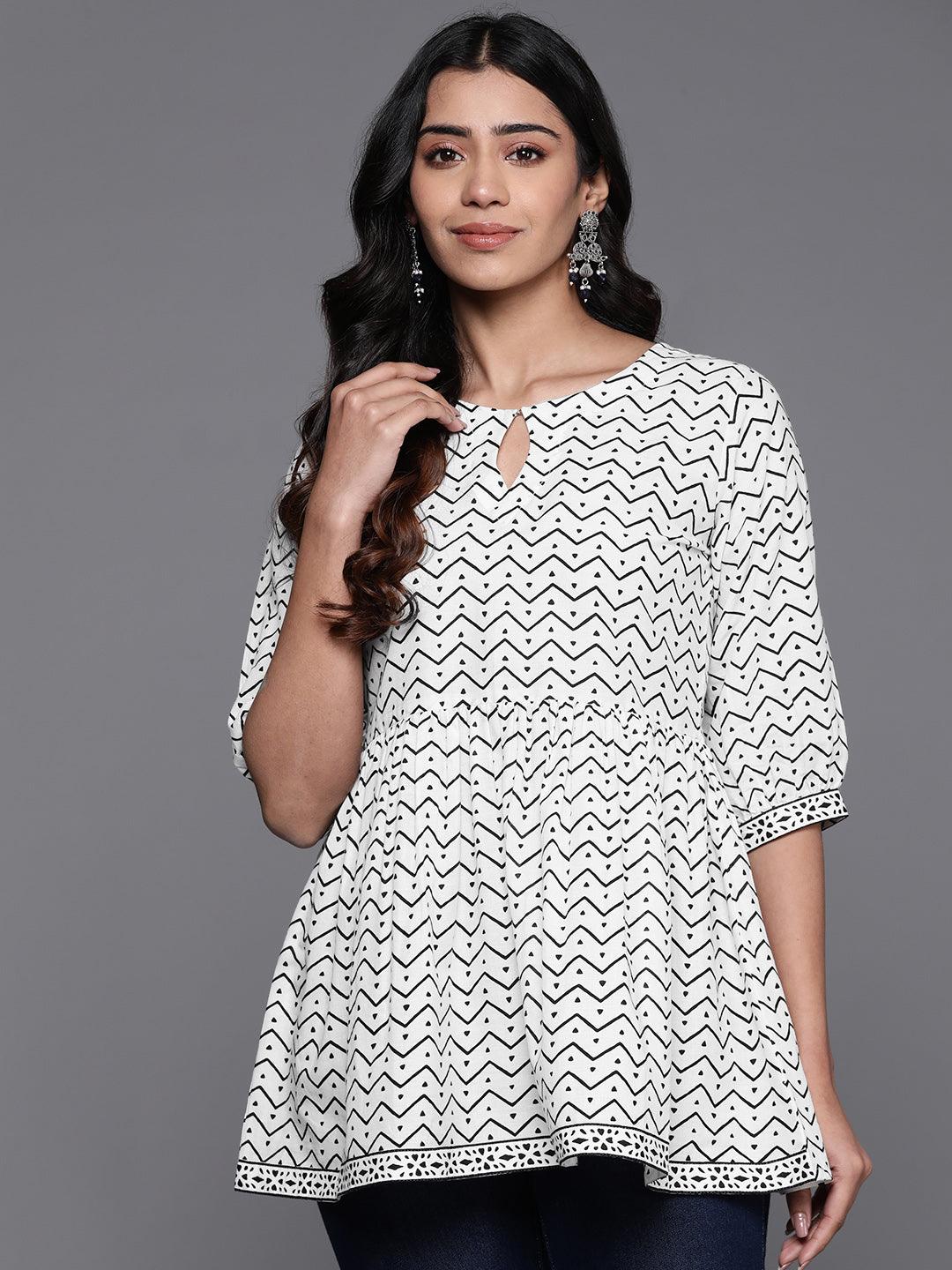 White Printed Cotton A-Line Kurti - ShopLibas