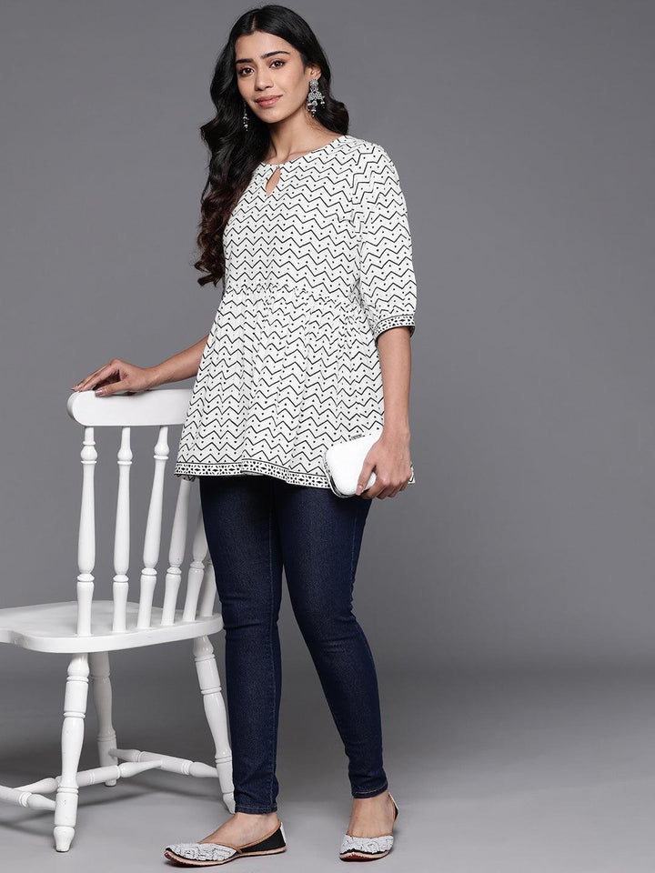 White Printed Cotton A-Line Kurti - ShopLibas