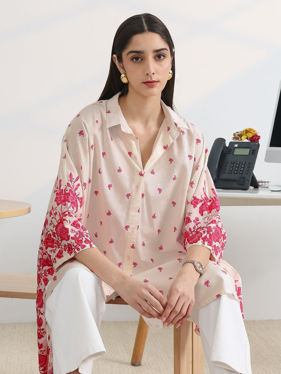 White Printed Cotton A-Line Short Kurti