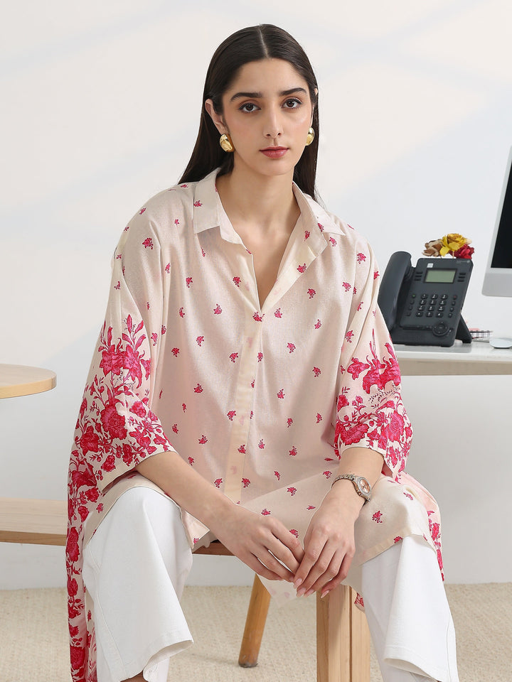 White Printed Cotton A-Line Short Kurti