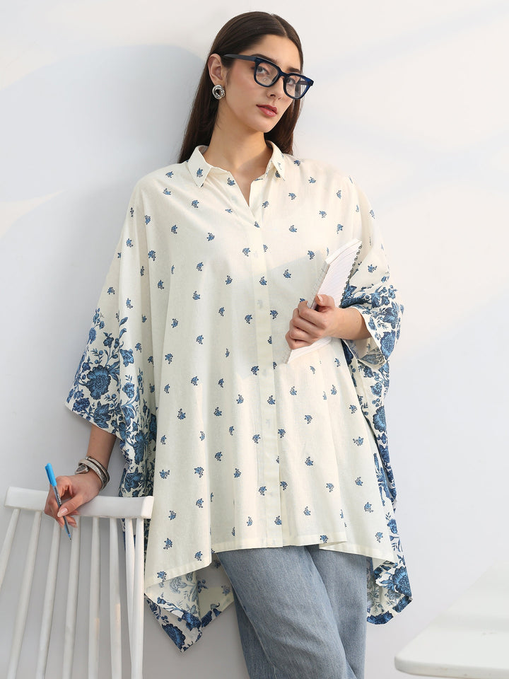 White Printed Cotton A-Line Short Kurti