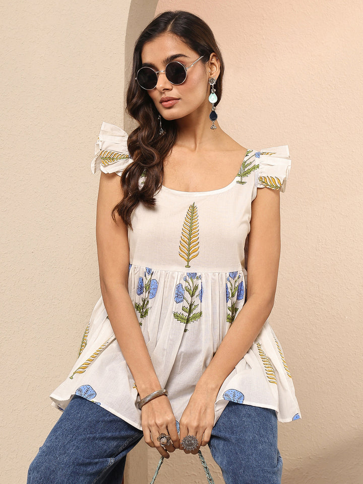 White Printed Cotton Anarkali Short Kurti