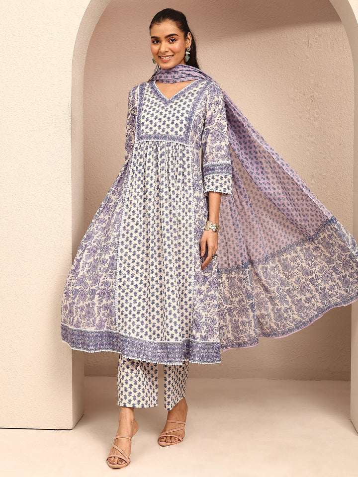 White Printed Cotton Anarkali Suit Set With Dupatta