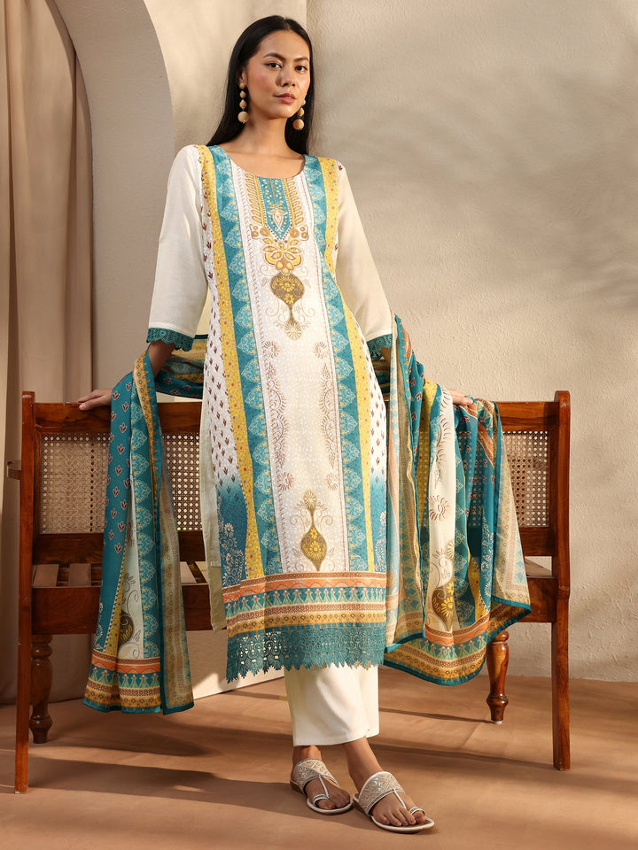 White Printed Cotton Blend Straight Suit Set With Dupatta