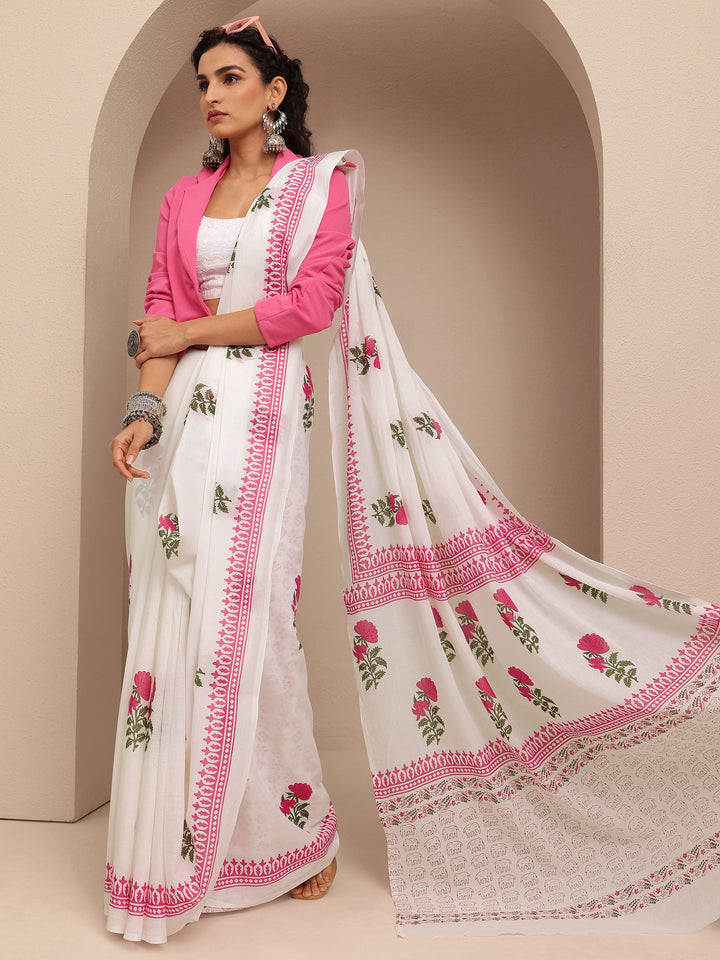 White Printed Cotton Saree With Unstitched Blouse Piece