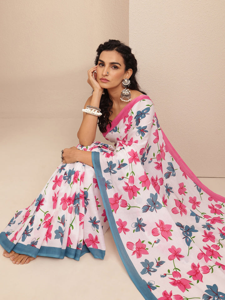 White Printed Cotton Saree With Unstitched Blouse Piece