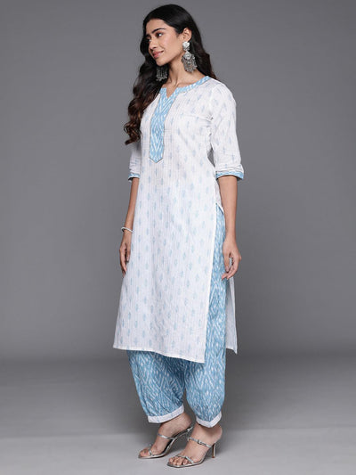White Printed Cotton Straight Kurta With Salwar & Dupatta - ShopLibas
