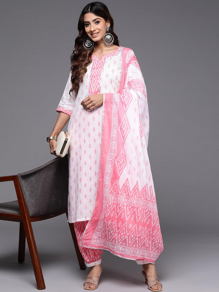 White Printed Cotton Straight Kurta With Salwar & Dupatta - ShopLibas