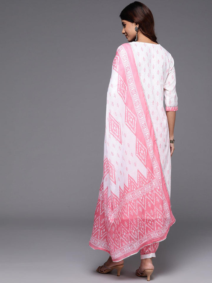 White Printed Cotton Straight Kurta With Salwar & Dupatta - ShopLibas