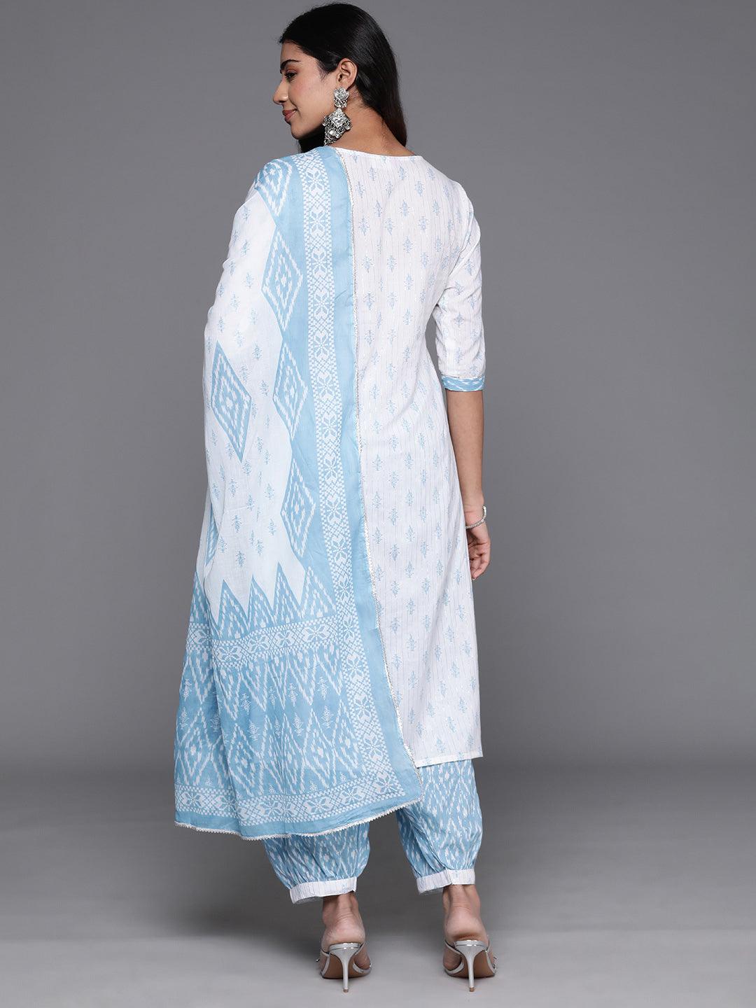 White Printed Cotton Straight Kurta With Salwar & Dupatta - ShopLibas
