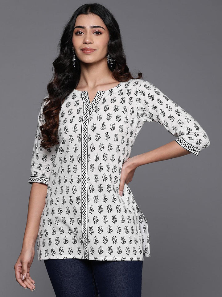 White Printed Cotton Straight Kurti - ShopLibas