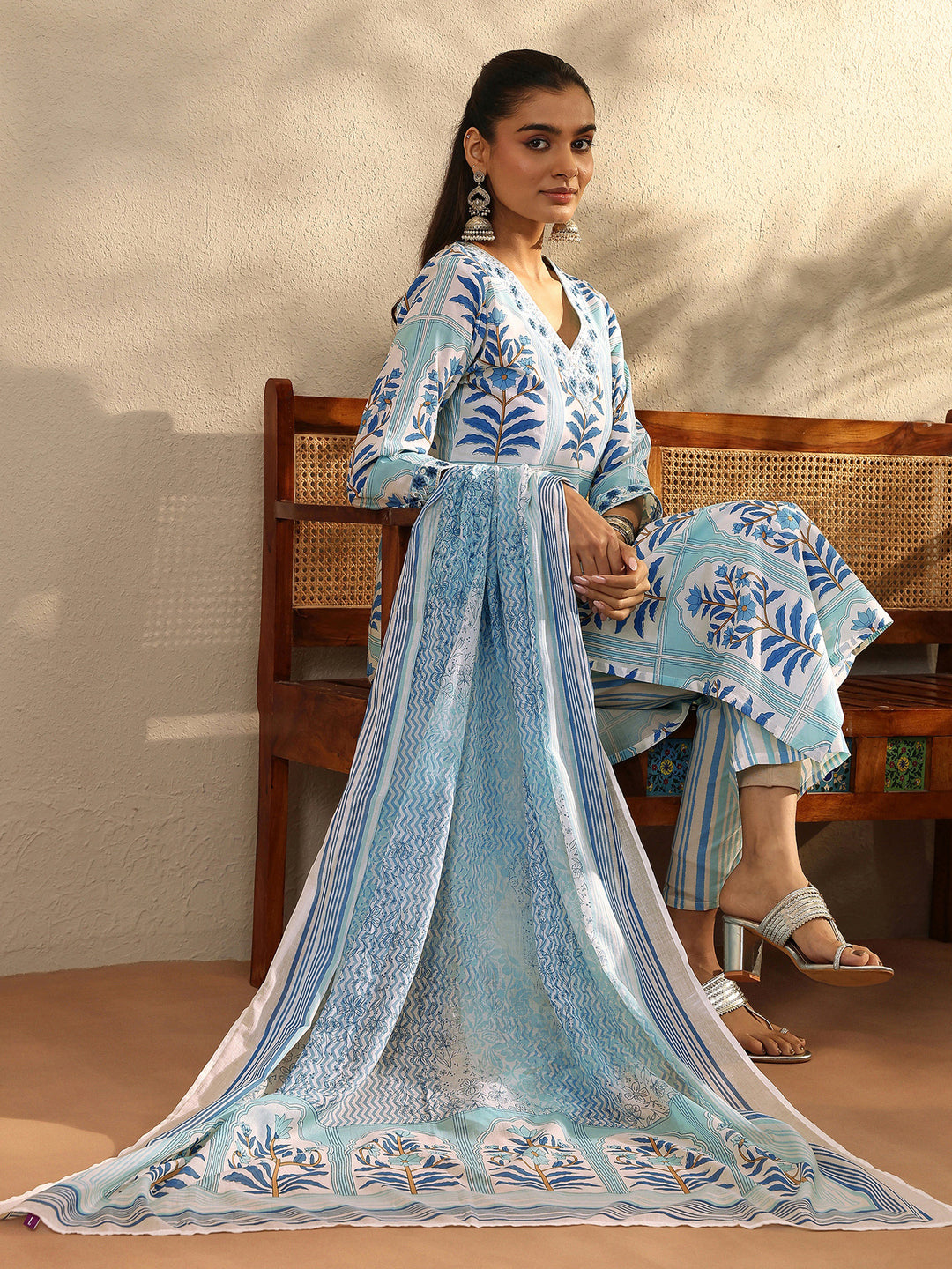 White Printed Cotton Straight Suit Set With Dupatta