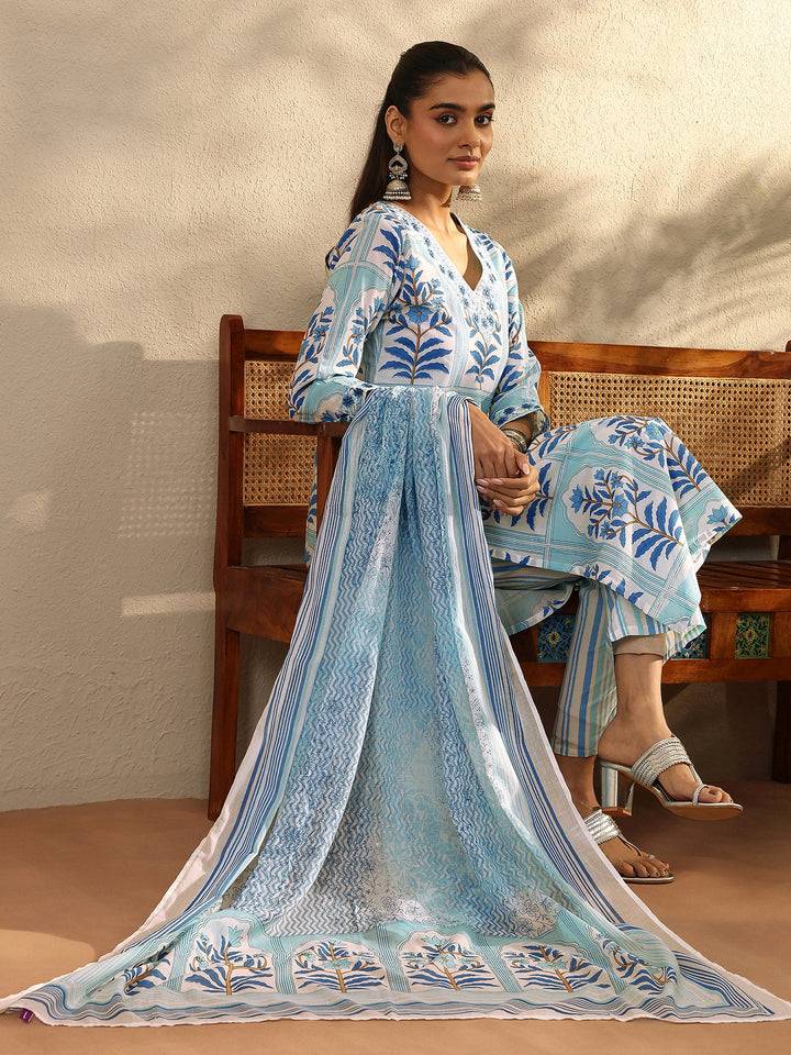 White Printed Cotton Straight Suit Set With Dupatta