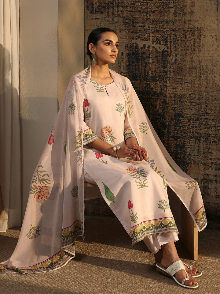 White Printed Silk Blend Straight Suit Set With Dupatta