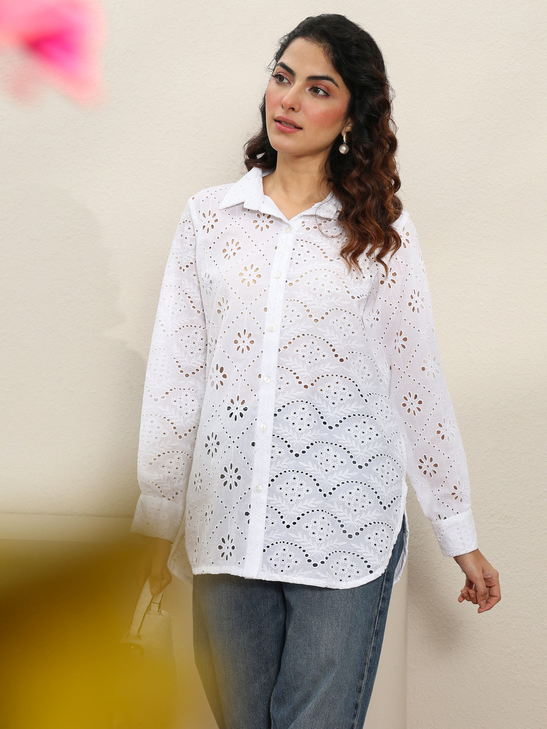 White Schiffli Design Panelled Shirt