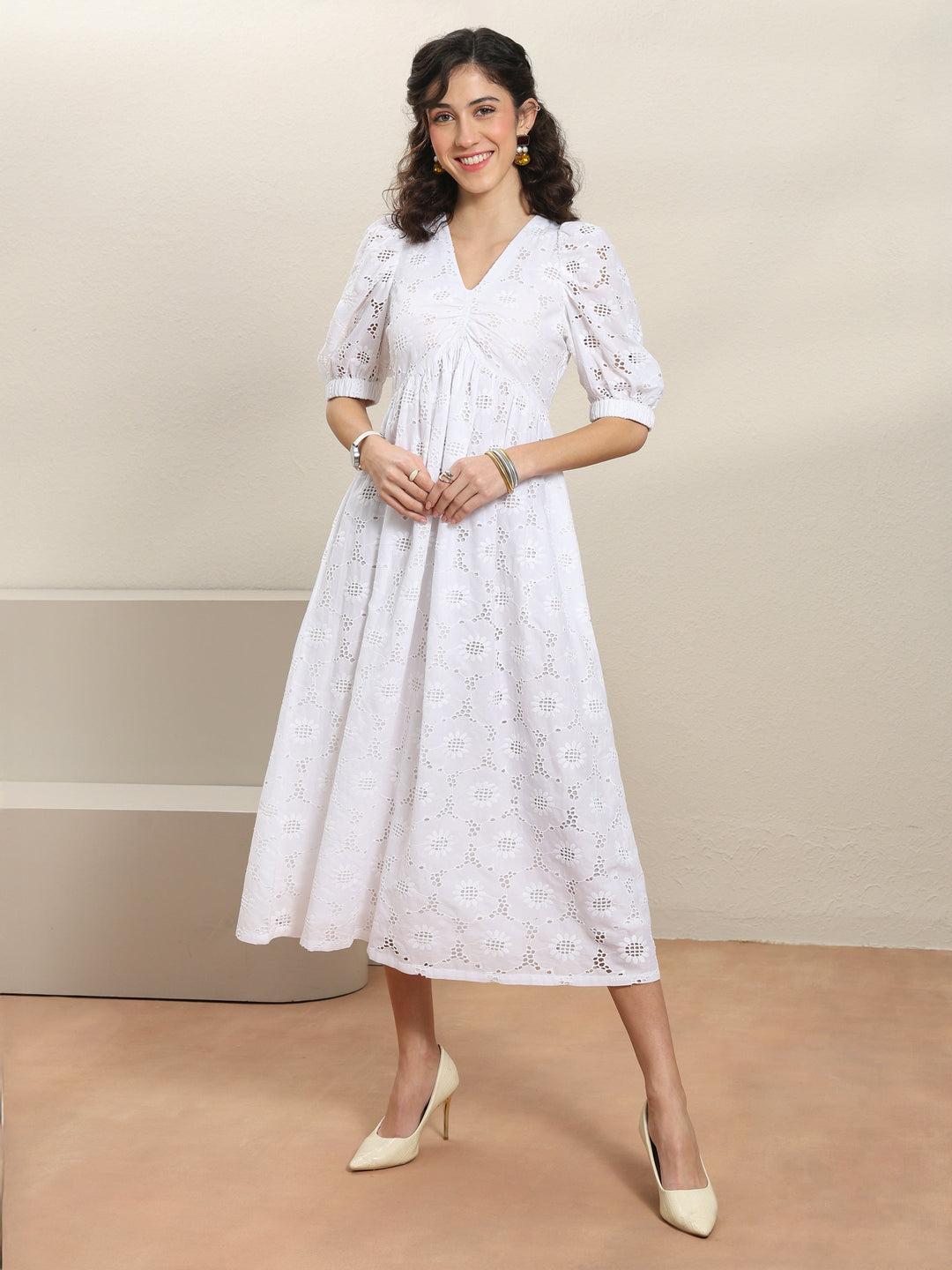 Buy White Schiffli Embroidered Cotton A-Line One-Piece Dress Online in  United Kingdom at $61.20