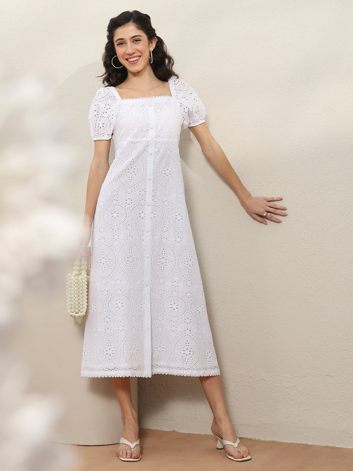 White Schiffli Embroidered Cotton A-Line One-Piece Dress