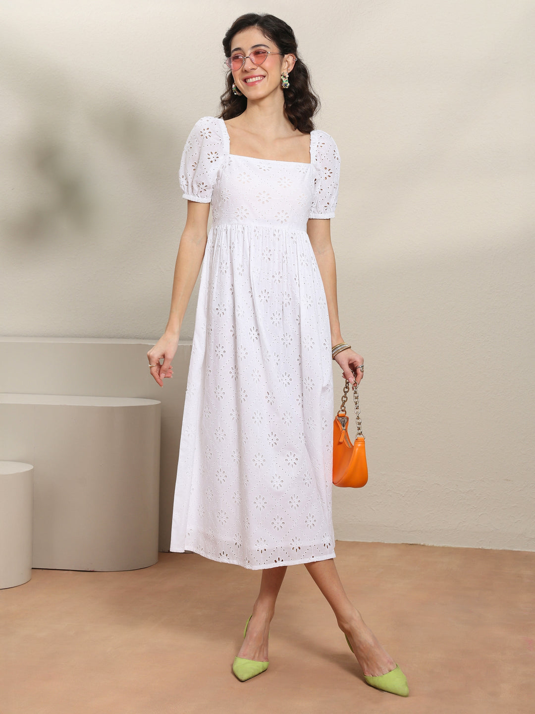 Buy Libas White Schiffli Embroidered Cotton A-Line One-Piece Dress Online in USA at $28.00