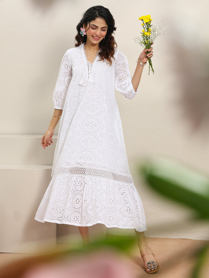White Schiffli Embroidered Cotton A-Line One-Piece Dress