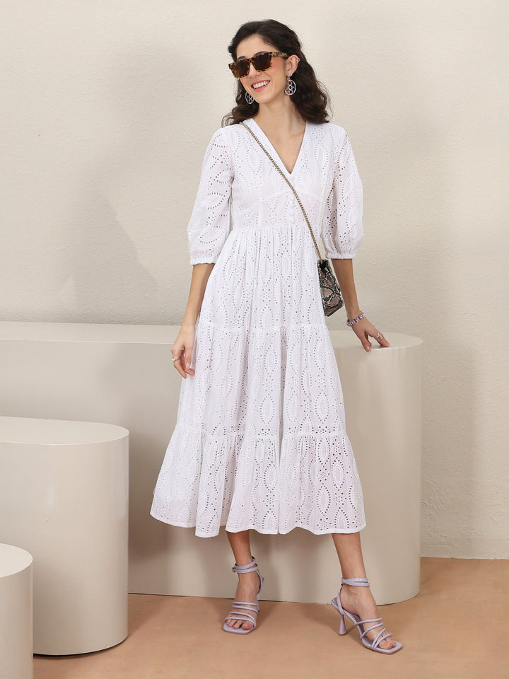 White Schiffli Embroidered Cotton Fit-And-Flare One-Piece Dress