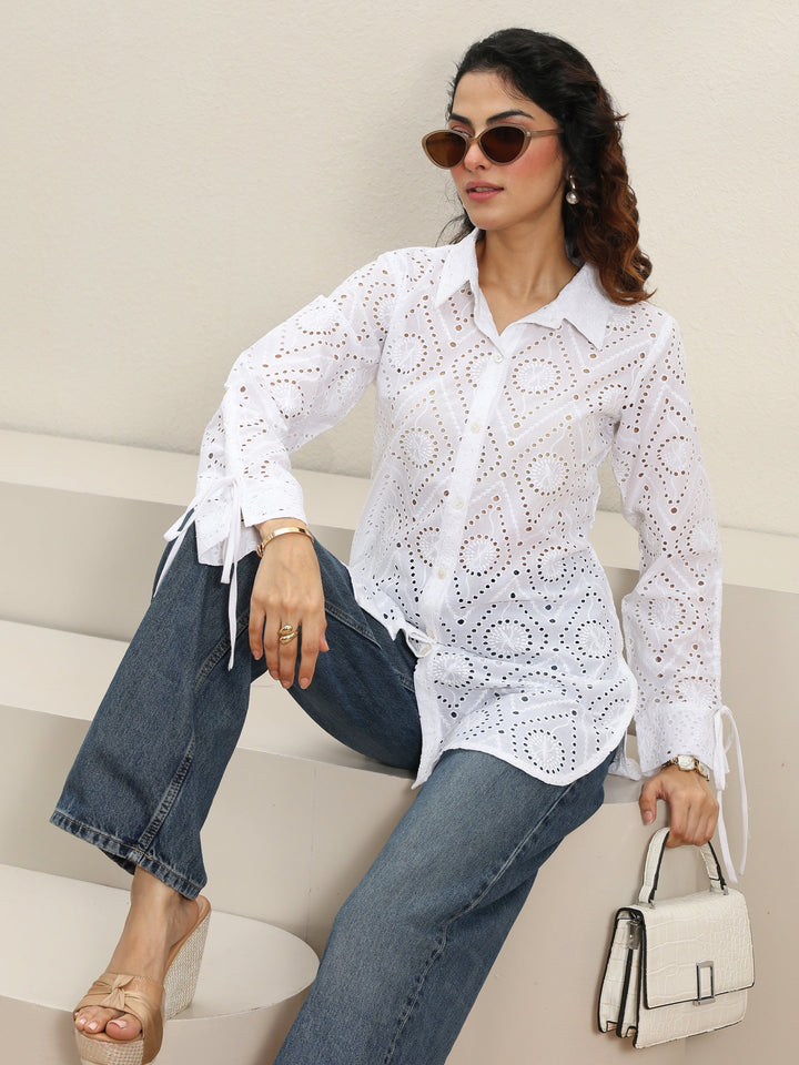 White Self Design Cotton Shirt