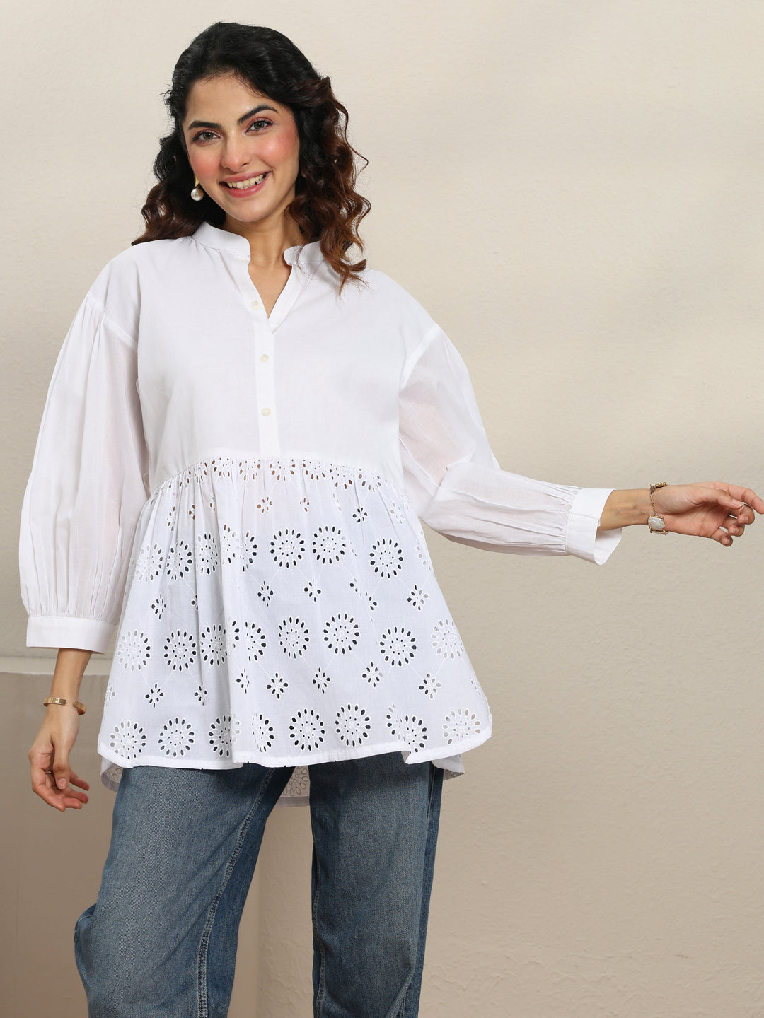 White Self Design Cotton Straight Short Kurti