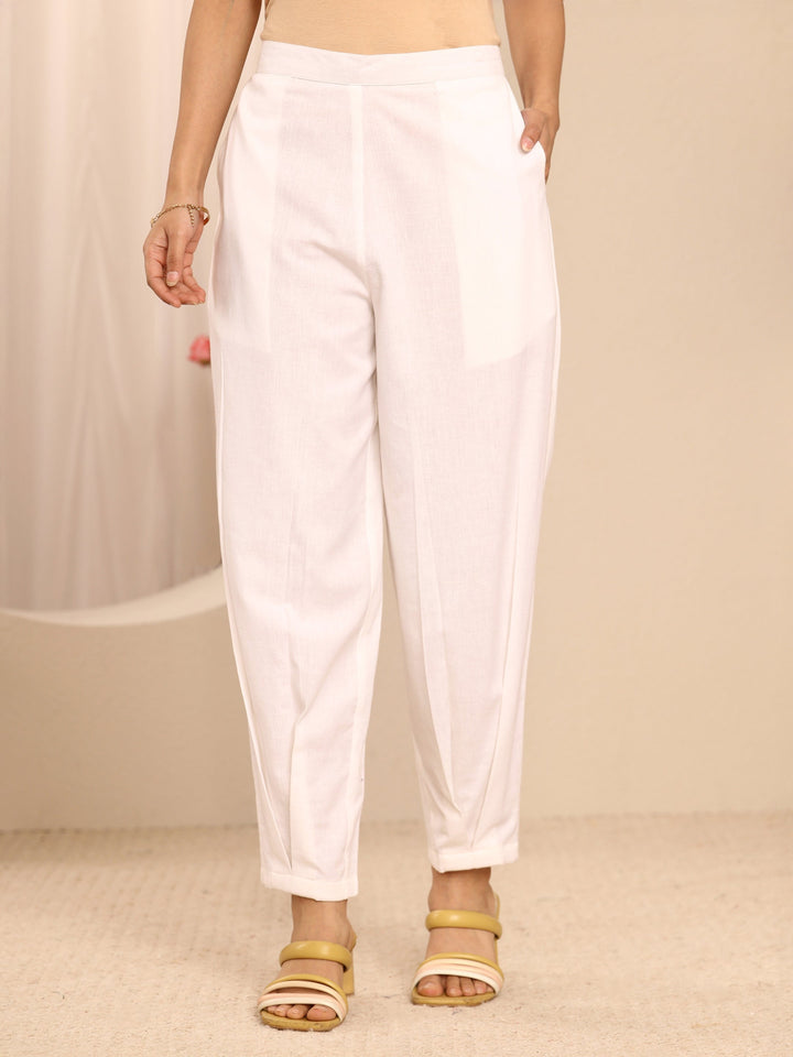White Solid Cotton Trousers