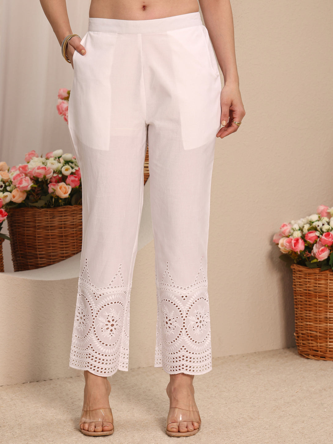 White Solid Schiffli Design Cotton Trouser