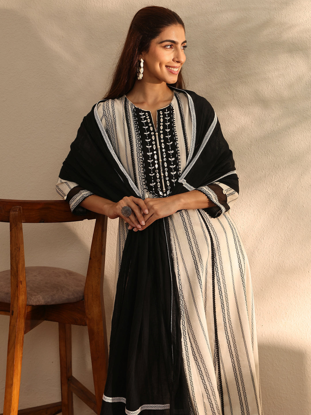 White Striped Woven Design Cotton Blend A-Line Suit Set With Dupatta