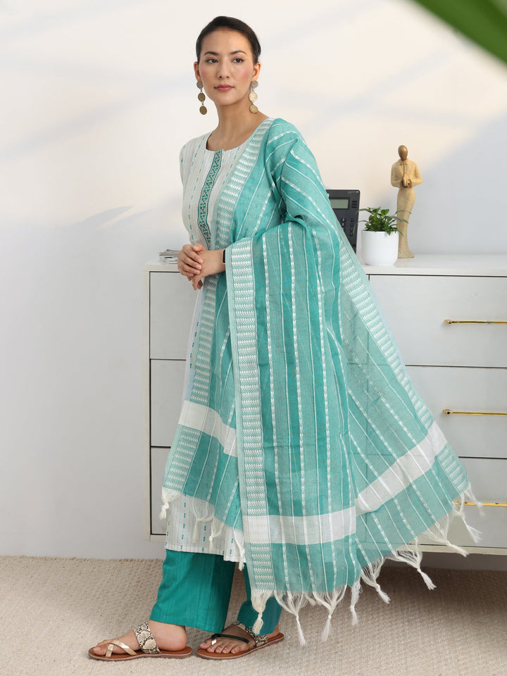 White Striped Woven Design Cotton Blend Straight Suit Set With Dupatta