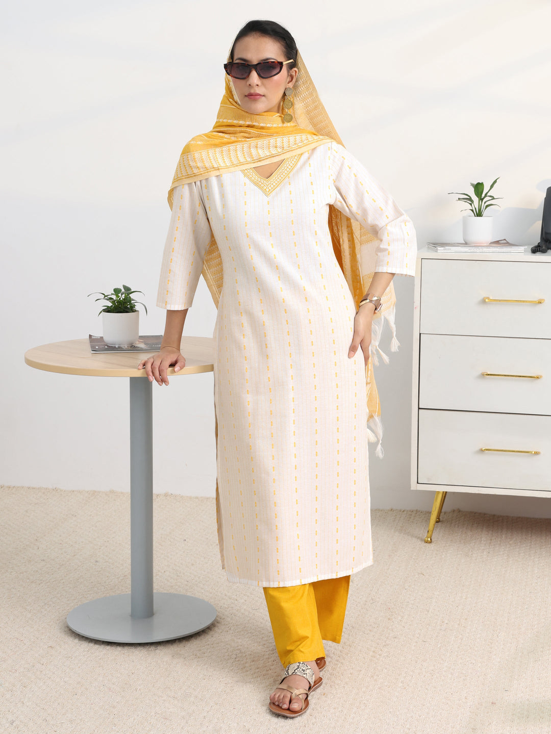 White Striped Woven Design Cotton Blend Straight Suit Set With Dupatta