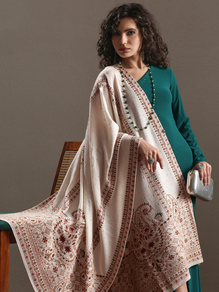 White Woven Design Wool Women's Shawl
