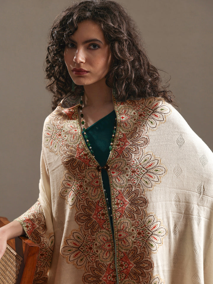 White Woven Design Wool Women's Shawl