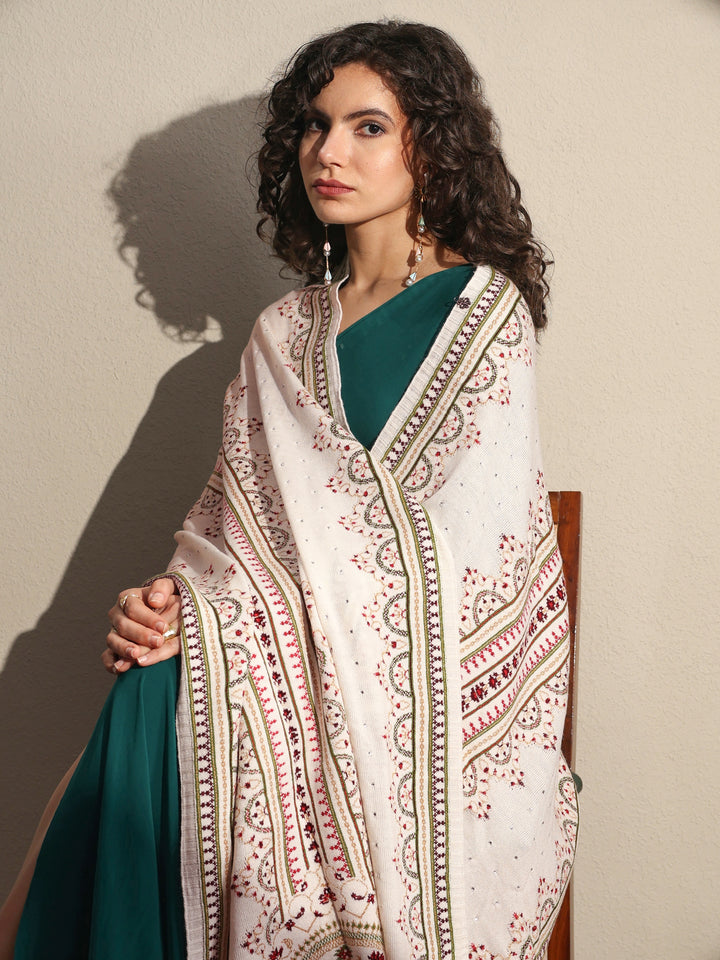 White Woven Design Wool Women's Shawl