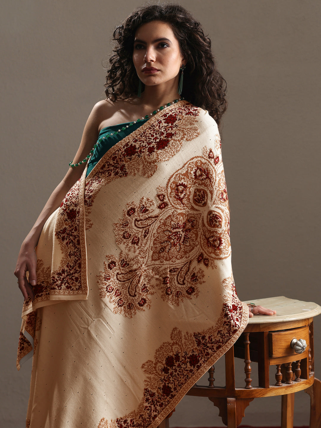 White Woven Design Wool Women's Shawl