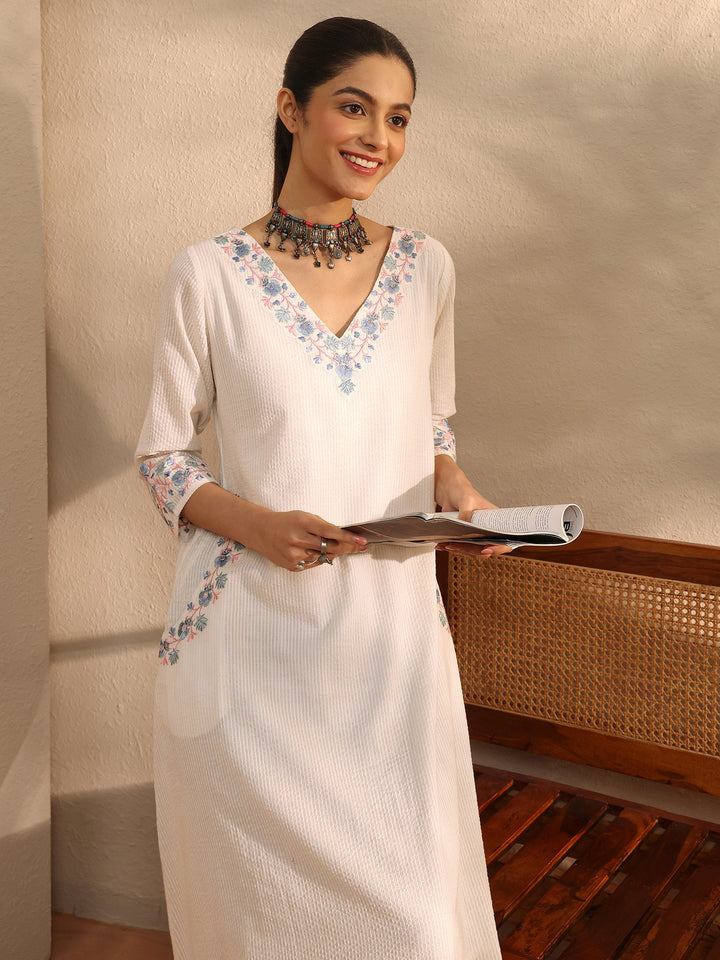 White Yoke Design Cotton A-Line Kurta