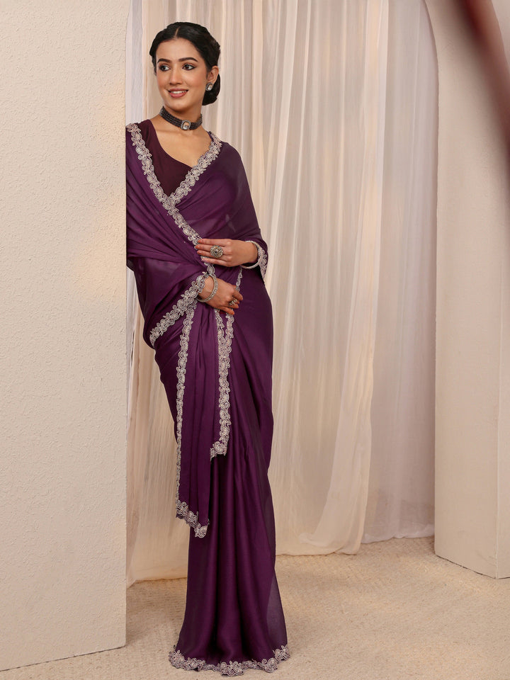 Wine Embellished Satin Saree With Unstitched Blouse Piece