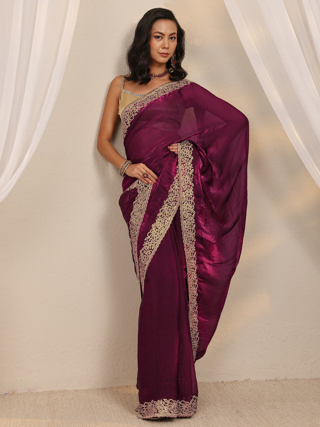 Wine Embellished Tissue Saree With Unstitched Blouse Piece