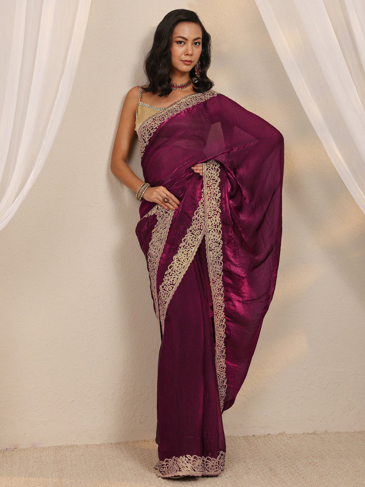 Wine Embellished Tissue Saree With Unstitched Blouse Piece