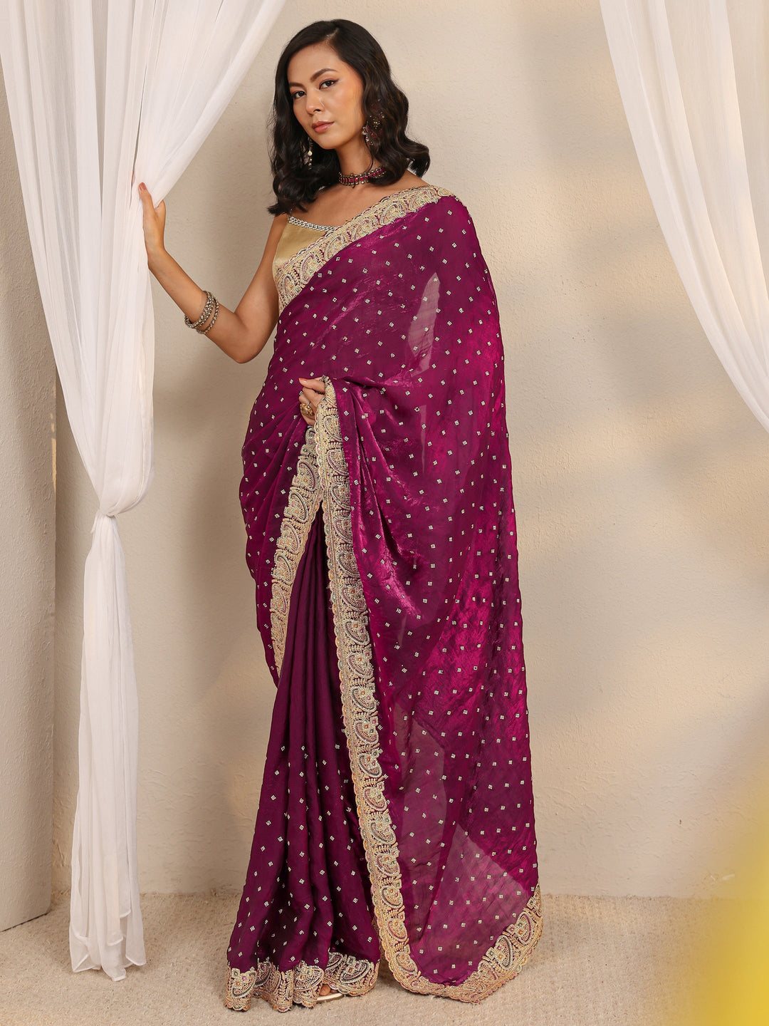 Wine Embellished Tissue Saree With Unstitched Blouse Piece