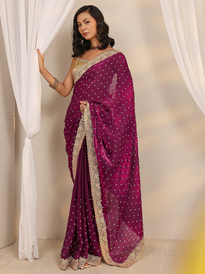Wine Embellished Tissue Saree With Unstitched Blouse Piece