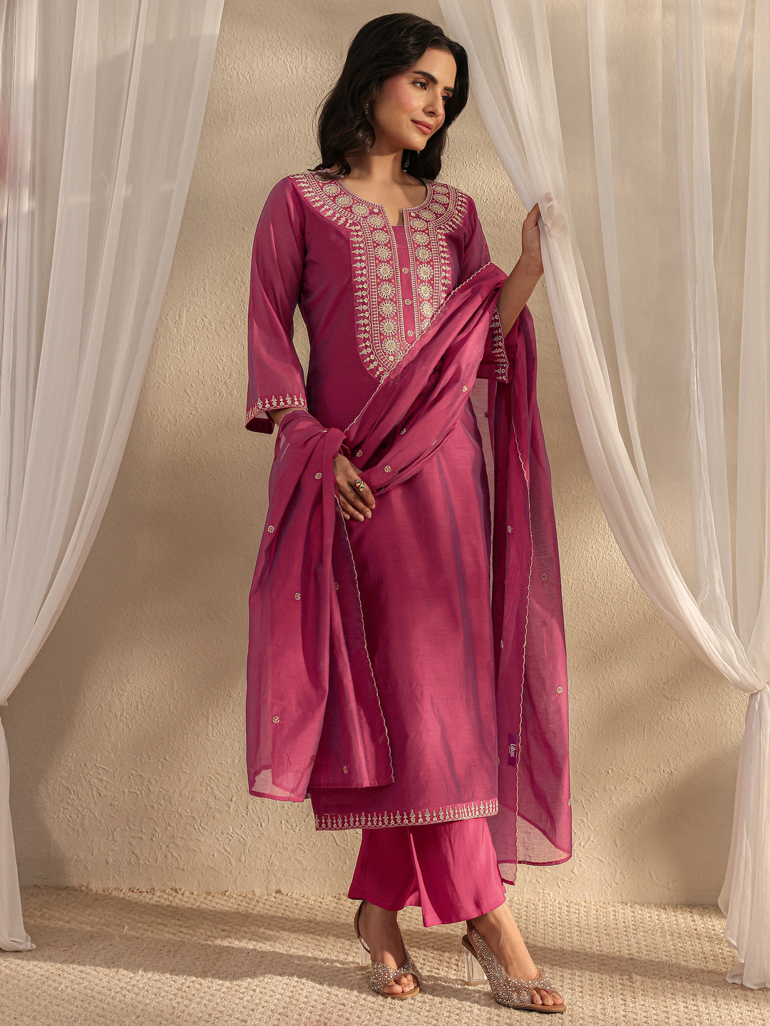 Wine Ethnic Embroidered Chanderi Silk Straight Suit Set With Dupatta