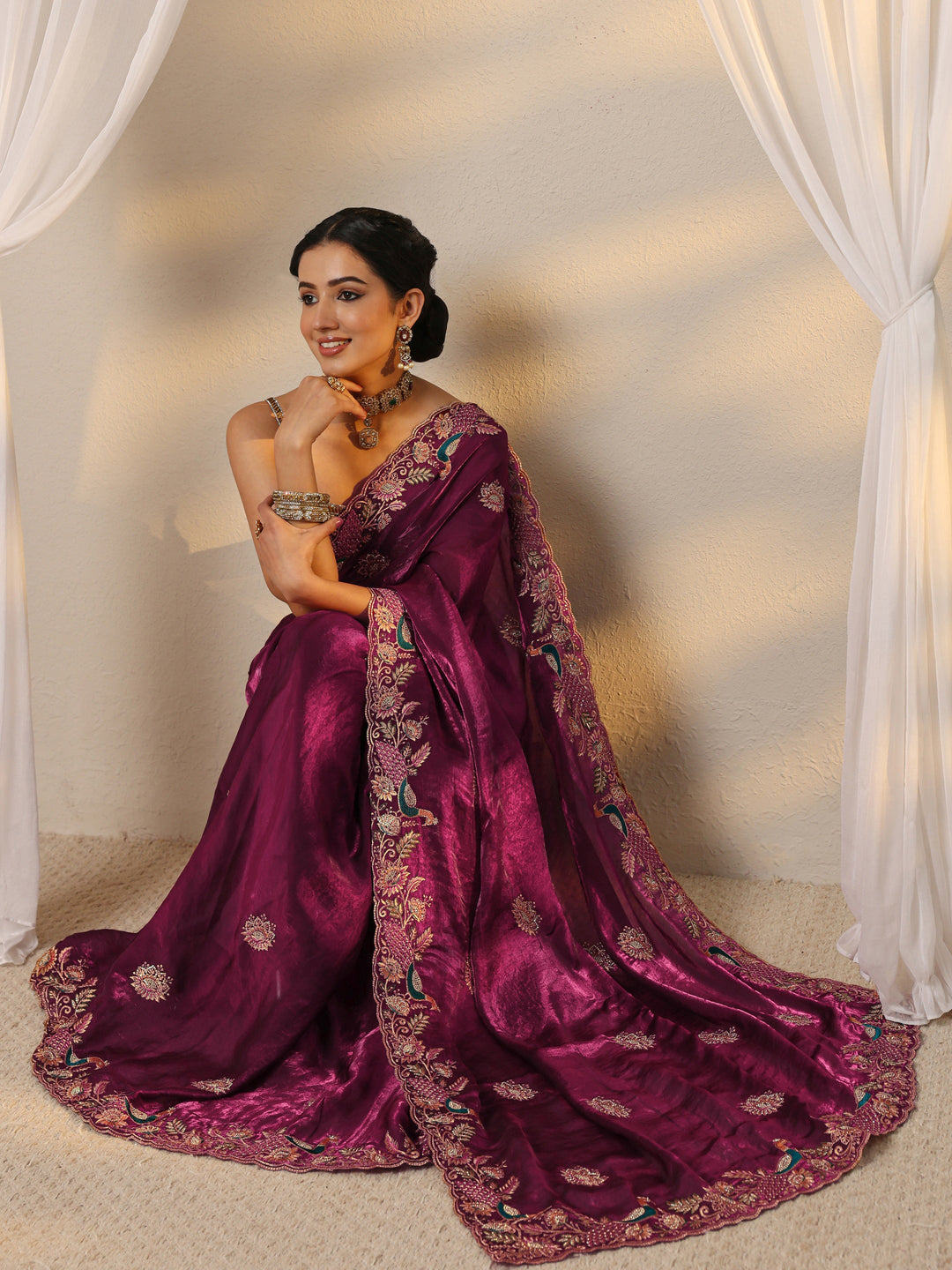 Wine Ethnic Embroidered Tissue Saree With Unstitched Blouse Piece