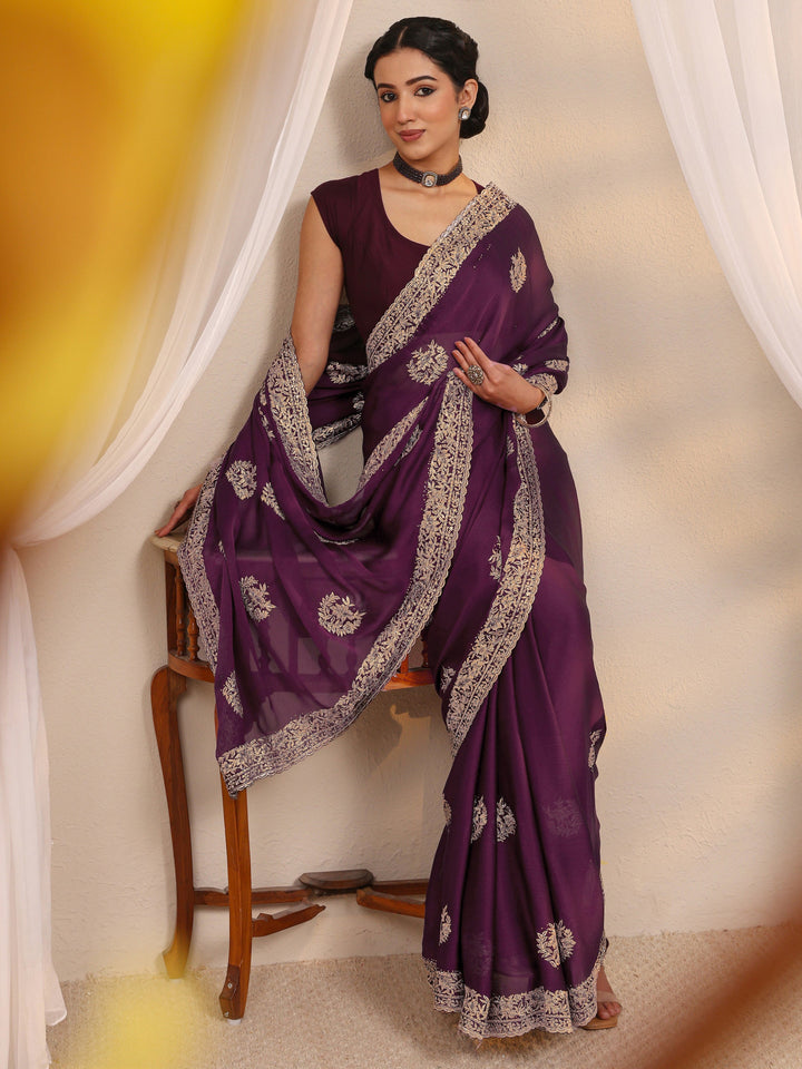 Wine Floral Embellished Satin Saree With Unstitched Blouse Piece
