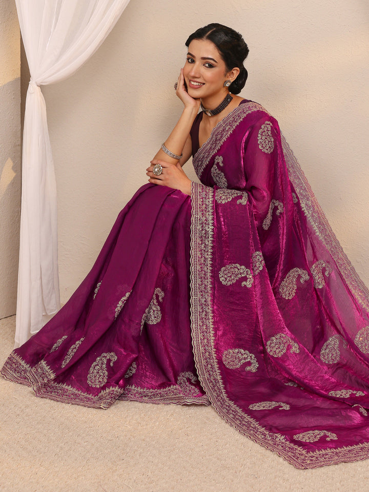 Wine Paisley Embellished Tissue Saree With Unstitched Blouse Piece