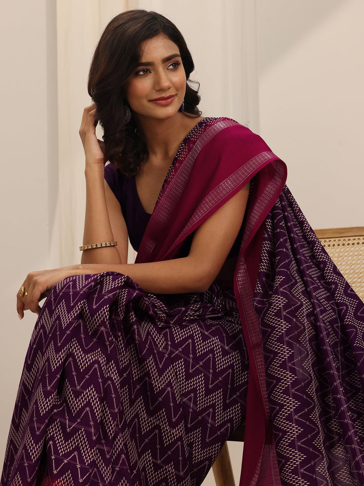 Wine Printed Georgette Saree With Unstitched Blouse Piece